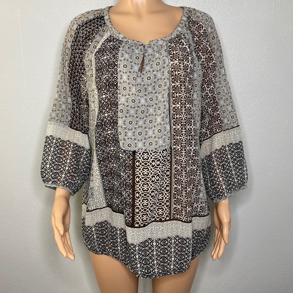 Tanzara Black, Blue & White Printed Sheer Top 1X - Picture 1 of 6